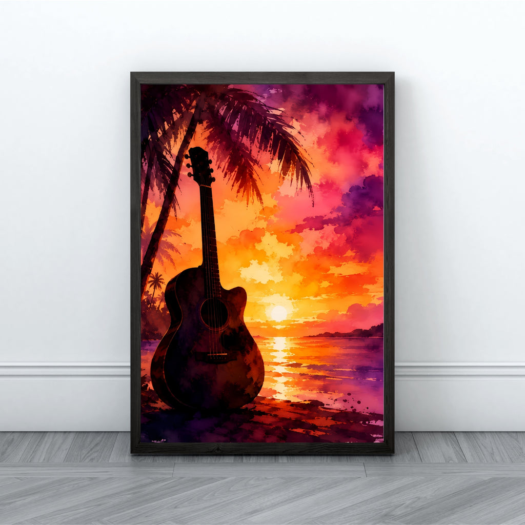 Guitar Wall Art | Tropical Sunset Music Canvas Print