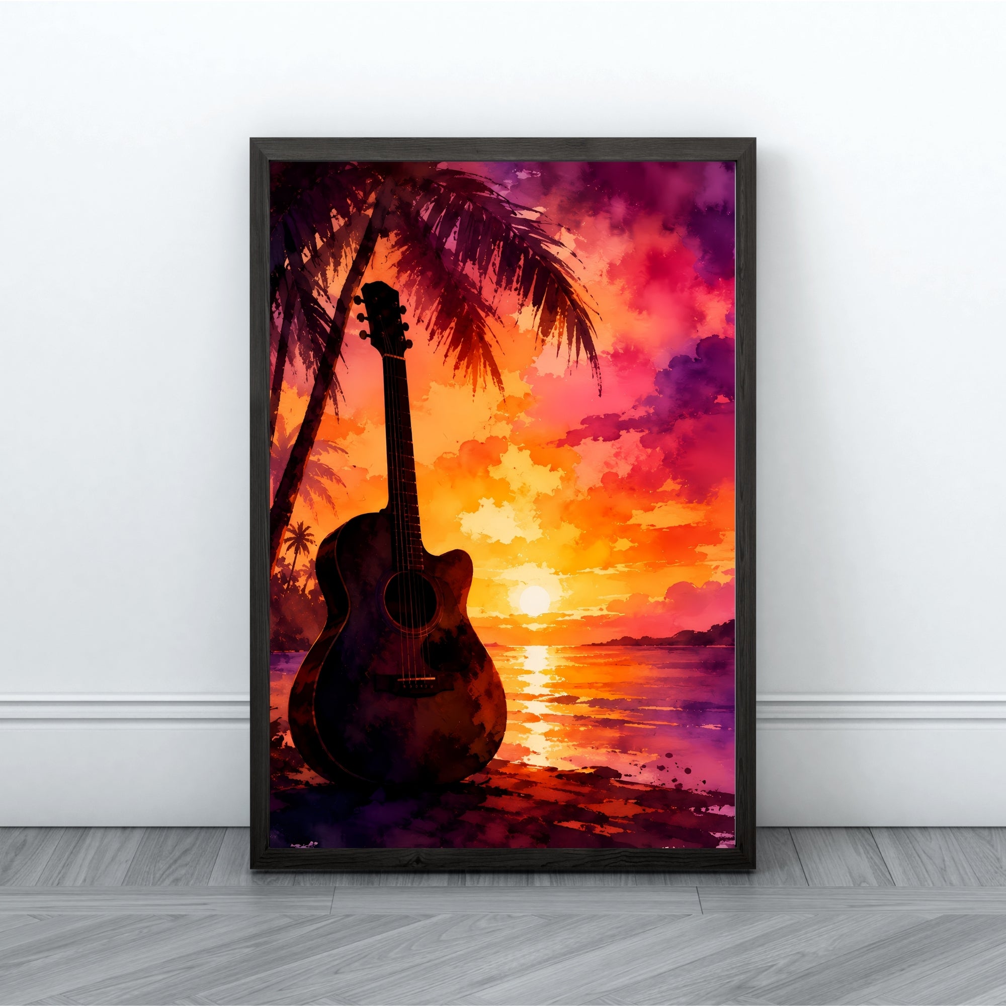 Guitar Wall Art | Tropical Sunset Music Canvas Print
