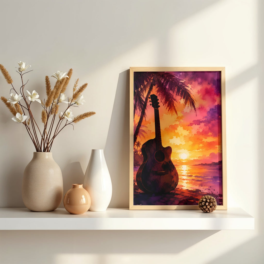 Guitar Wall Art | Tropical Sunset Music Canvas Print