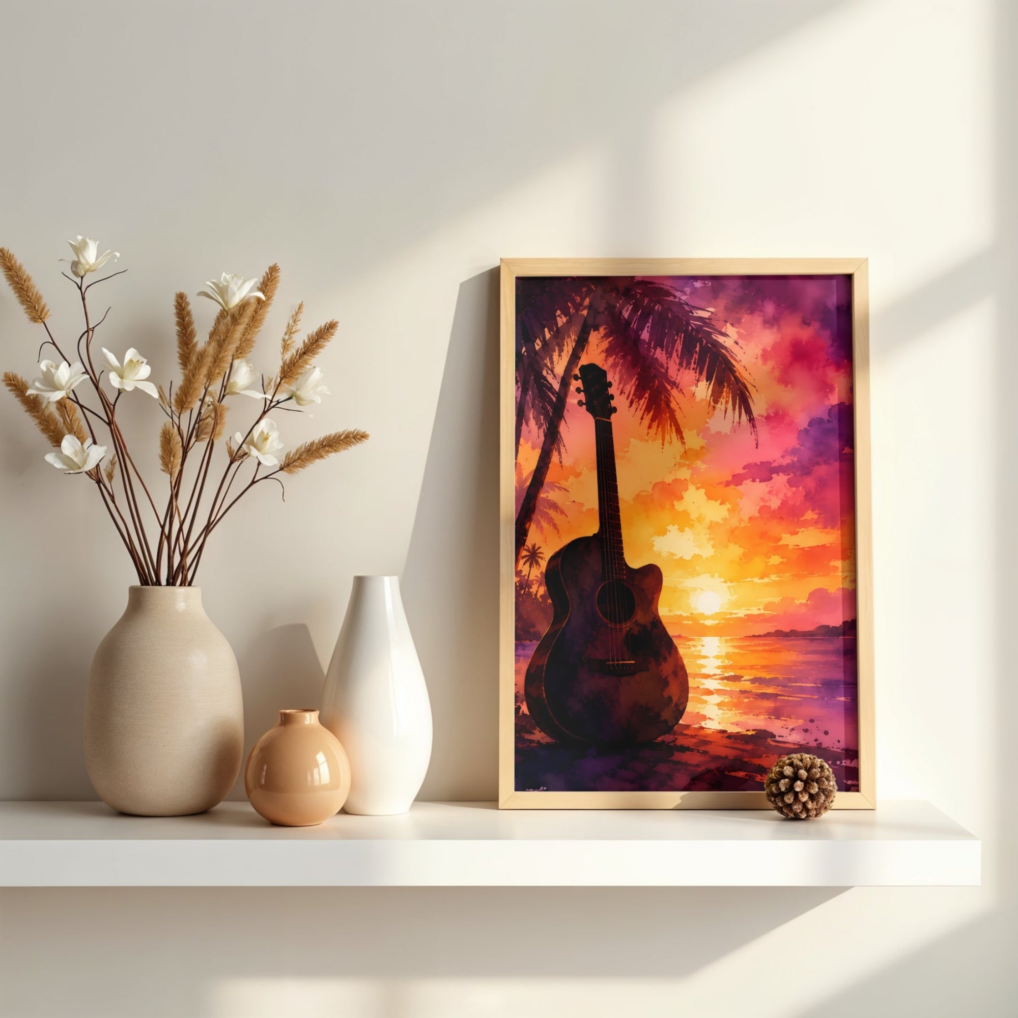Guitar Wall Art | Tropical Sunset Music Canvas Print