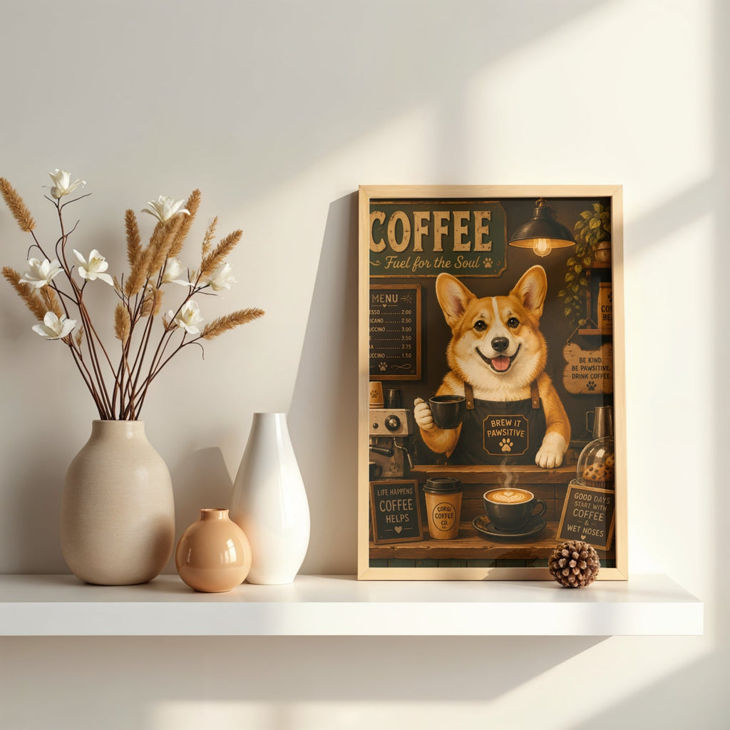Corgi Wall Art | Whimsical Coffee Shop Canvas Print