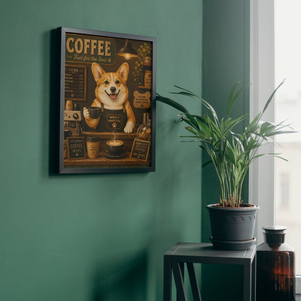 Corgi Wall Art | Whimsical Coffee Shop Canvas Print